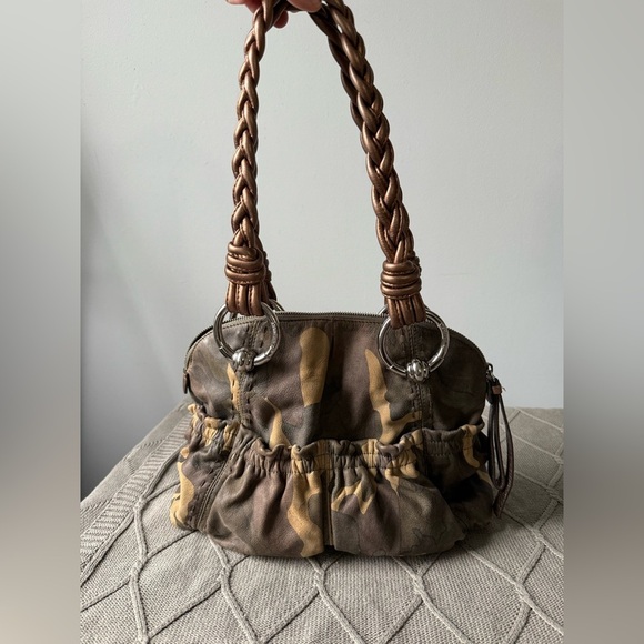 VTG B. Makowsky Caroline Bag Camouflage Bronze Leather Braided Double Handles - Picture 2 of 11